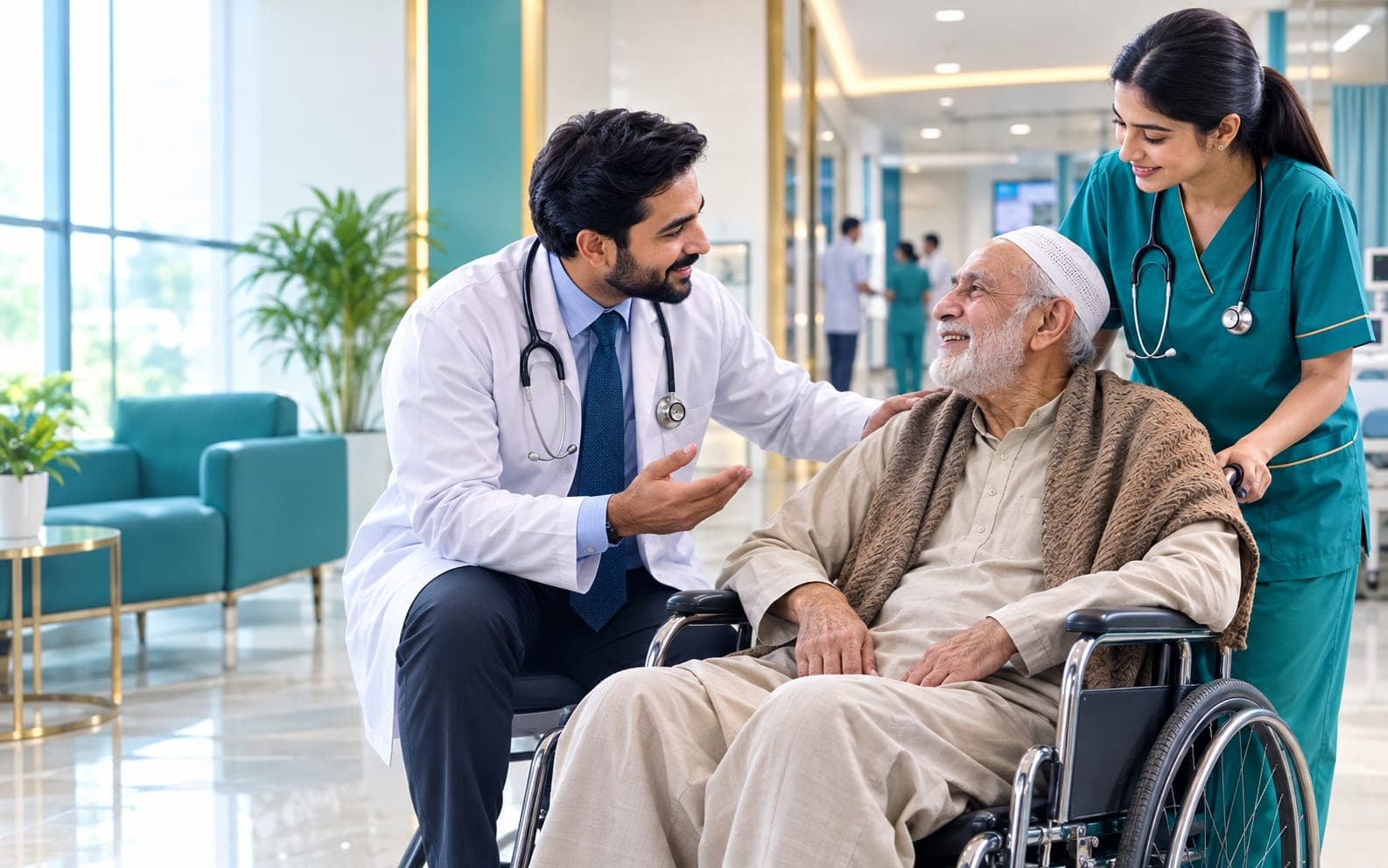 Doctor and nurse caring for an elderly patient in a wheelchair